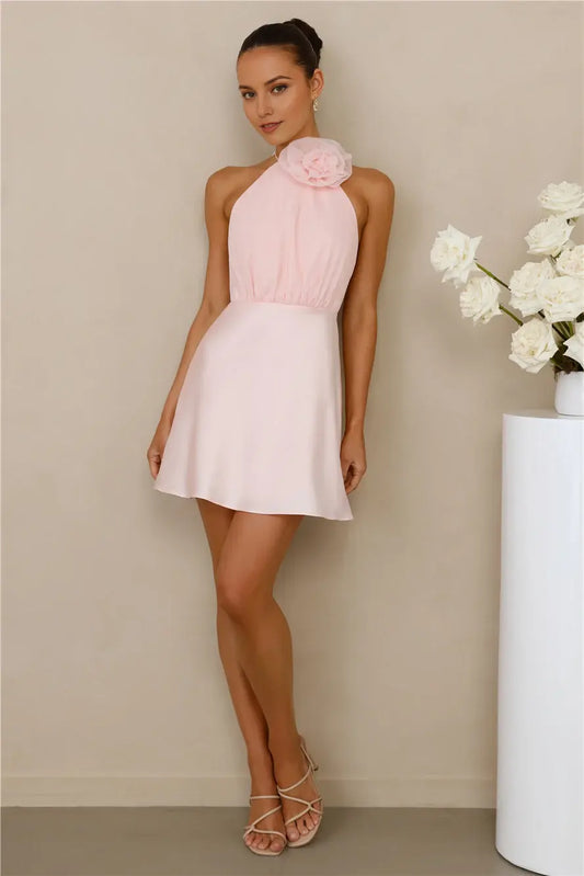 Light Pink Three-Dimensional Flower Decoration Hanging Neck Sleeveless Exposed Back Waist Cinching sweet Mini Dress Hot Sale Homecoming Dress