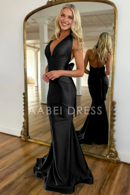 AABEI DRESS Prom Dress Exquisite Mermaid Halter Neck Backless Long Satin With Bowknot Charming Formal Dress