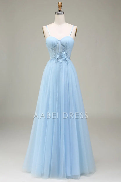 AABEI DRESS Hot Sale Prom Dress Fantastic A-Line Sweetheart Spaghetti Strap Tulle Appliques Backless Long Party Dress