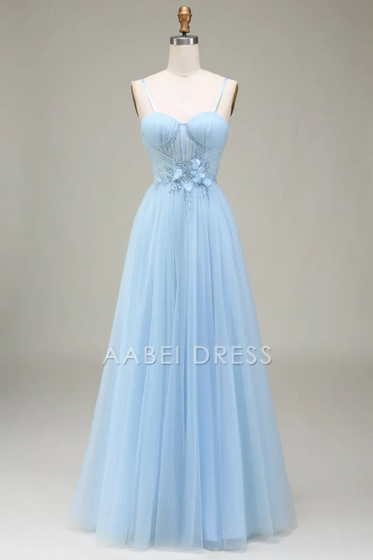 AABEI DRESS Hot Sale Prom Dress Fantastic A-Line Sweetheart Spaghetti Strap Tulle Appliques Backless Long Party Dress