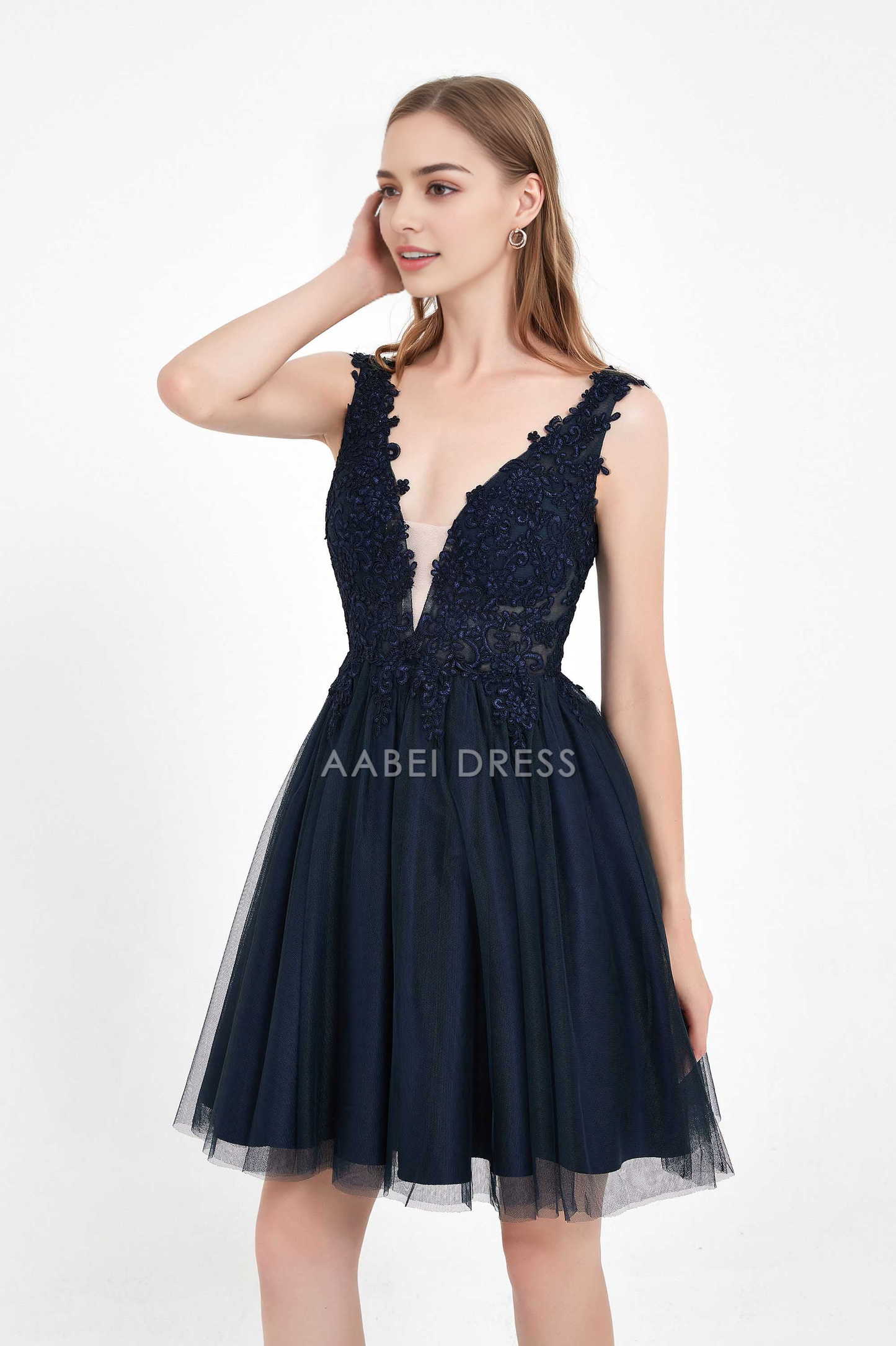 AABEI DRESS Short Dress Exquisite A Line V Neck Sleeveless Backless Lace Applique Tulle Cute New Homecoming Dress