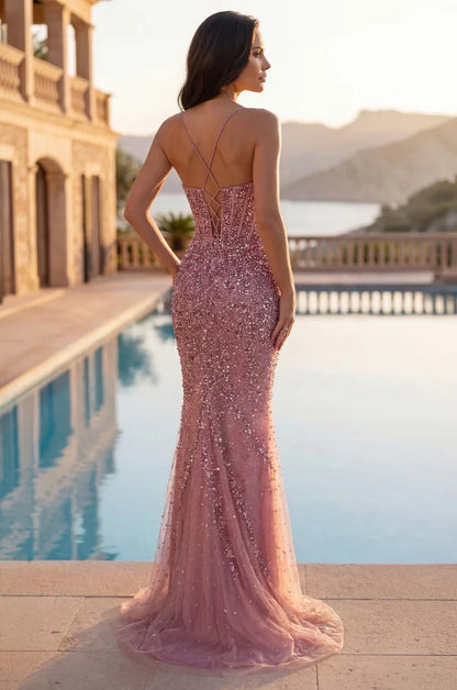 Dusty Pink Spaghetti Strap Beaded Mesh Mermaid Gown