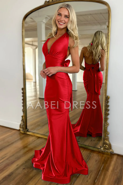 AABEI DRESS Prom Dress Exquisite Mermaid Halter Neck Backless Long Satin With Bowknot Charming Formal Dress