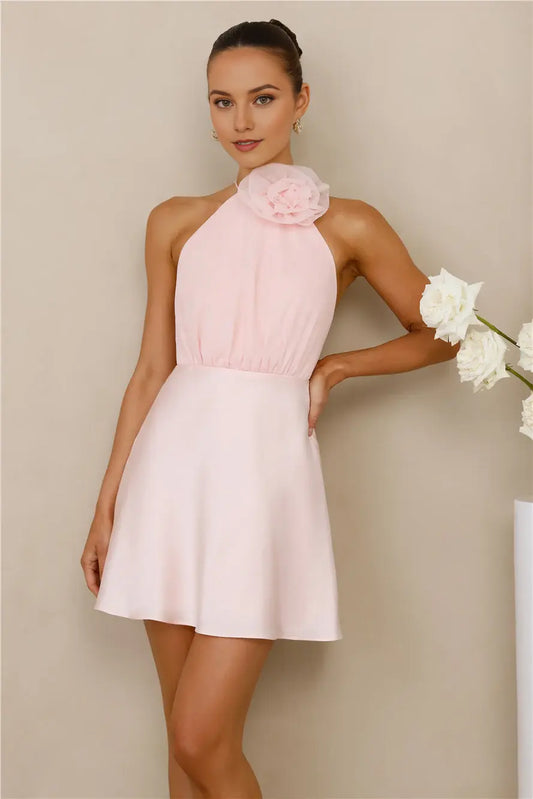 Light Pink Three-Dimensional Flower Decoration Hanging Neck Sleeveless Exposed Back Waist Cinching sweet Mini Dress Hot Sale Homecoming Dress
