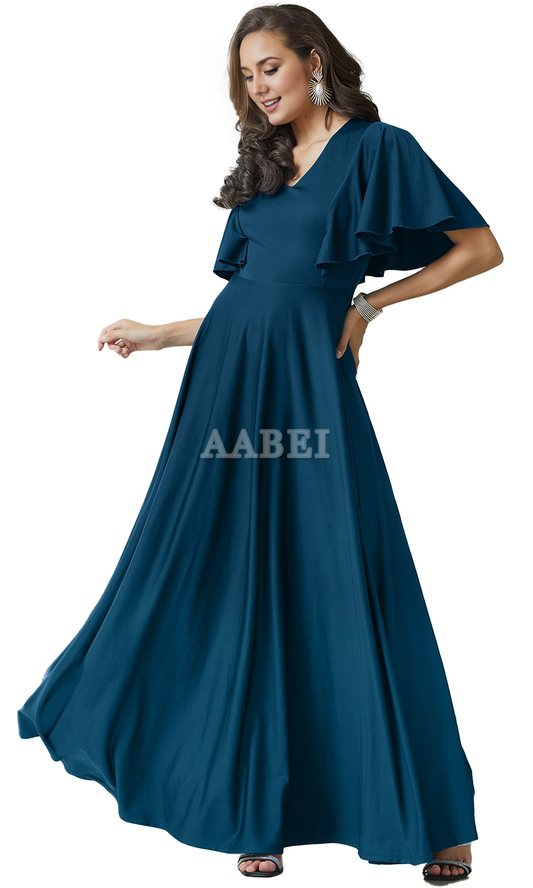 Formal Wear Dresses Bridesmaid Dresses A Line V Neck Flutter Sleeve Long Elegant Wedding Guest Dresses
