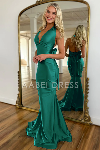 AABEI DRESS Prom Dress Exquisite Mermaid Halter Neck Backless Long Satin With Bowknot Charming Formal Dress