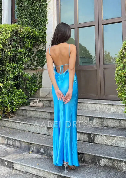 AABEI DRESS Party Dress Simple Sheath Deep V Neck Spaghetti Straps Backless Side Fork Charming Prom Dress