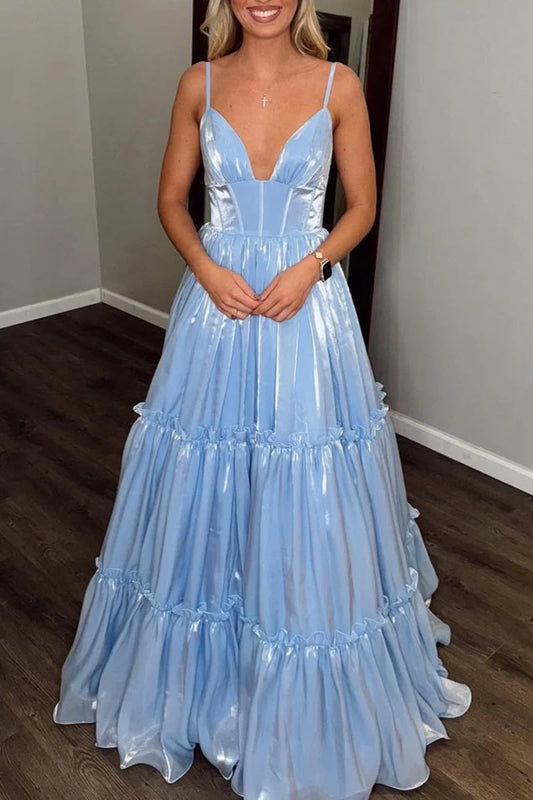 Glitter Light Blue A Line V Neck Spaghetti Strap Tiers Ruched Backless Cute Wedding Guest Dress Long Hot Sale Prom Dresses