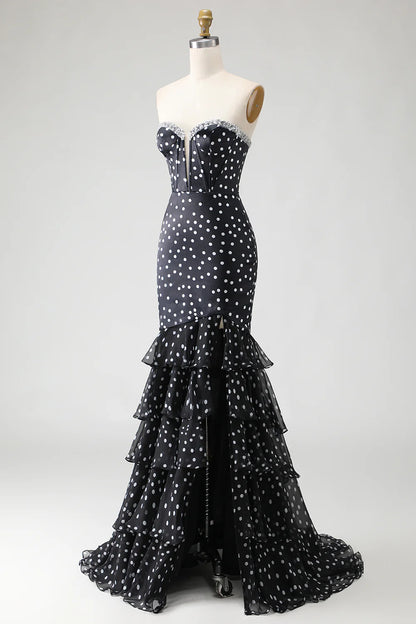 Chic Prom Dress Black White Ploka Dots Mermaid Strapless Sweetheart Neckline Beading Sleeveless Layered Ruffles With Side Backless Fork Bargain Long Wedding Guest Dress