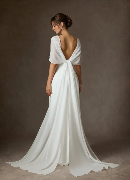 Elegant Simple White Sheath Spaghetti Strap Deep V Neck Backless With Cloak Hot Sale Wedding Dress