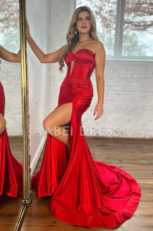 AABEI DRESS Prom Dress Elegant Satin Mermaid Strapless Long With Split Sweep Train Fashion Formal Dress
