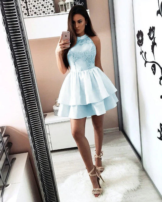 AABEI DRESS Homecoming Dress A Line Sleeveless Short Two Layers Appliques Elegant Prom Dress