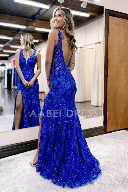 AABEI DRESS Prom Dress Charming Mermaid V Neck Sequins Lace Prom Dress with Slit High Quality Formal Dress
