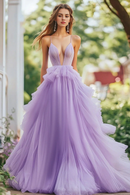 AABEI DRESS Hot Sale Prom Dress Fantastic A Line Deep V Neck Tulle Ruffled Spaghetti Straps Long Formal Dress