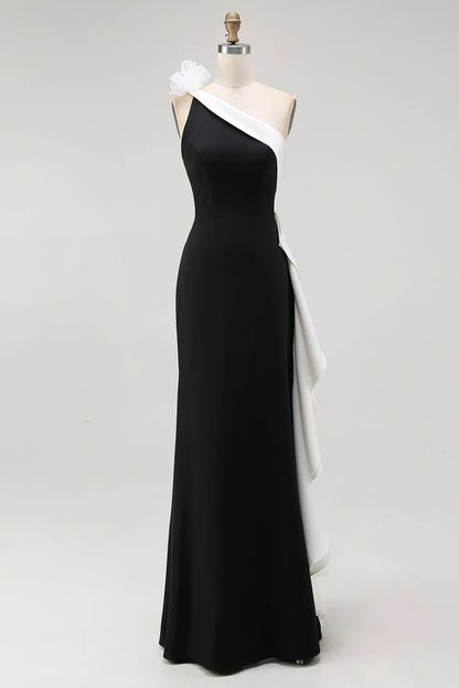 Black White One Shoulder Sleeveless with 3D Flowers Ruched Long Formal Dress Elegant Evening Dresses