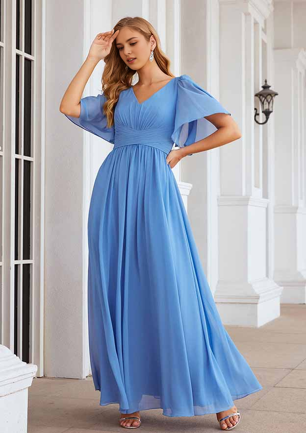 Elegant Wedding Guest Dresses Nice Blue Chiffon A-line V Neck Flutter Short Sleeve Pleated Bargain Floor Length Mother of the Bride Dress