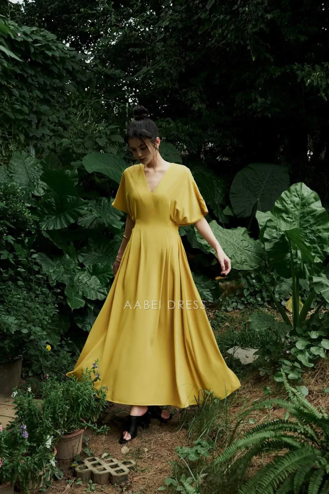 AABEI DRESS Beautiful A-line V Neck Short Sleeves Ankle Length Prom Party Dress