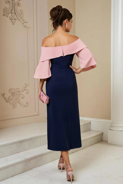 Pink and Navy Satin Sheath Off The Shoulder Flutter Sleeves Embroidered Flowers with Slit Retro Midi Wedding Guest Dress Hot Sale Mother of the Bride Dresses