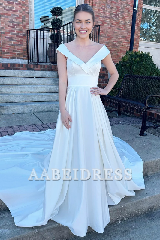 AABEI DRESS High Quality Youthful Wedding Dress A-Line V Neck High-Waist Long Sweep Train Formal Dresses