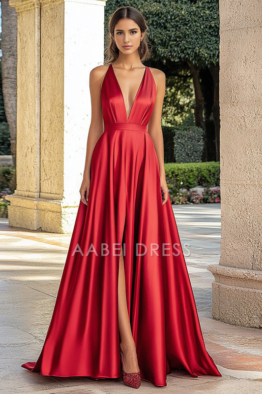 AABEI DRESS Hot Sale Prom Dress Elegant Simple A Line Deep V-Neck Satin Long With Slit Formal Dress