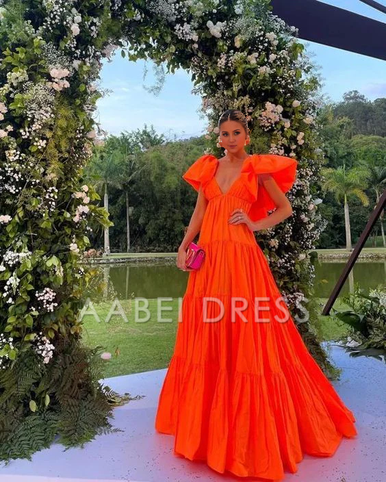 AABEI DRESS Prom Dress A-Line Deep V Neck Short Sleeves Pleated Long Exquisite Adoration Dress