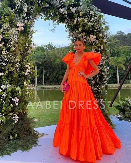 AABEI DRESS Prom Dress A-Line Deep V Neck Short Sleeves Pleated Long Exquisite Adoration Dress