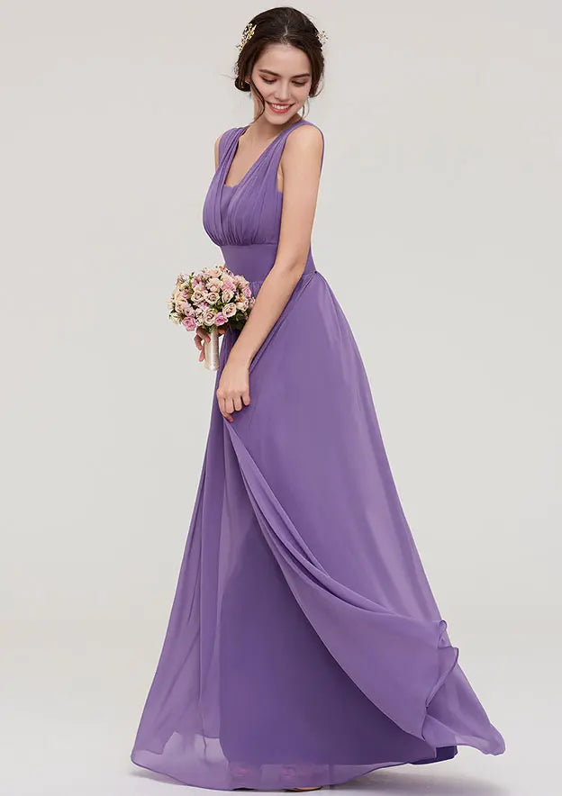 Purple Chiffon A Line Scalloped Neck Sleeveless With Pleated Affordable Floor-Length Bridesmaid Dress