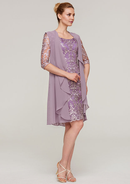 Vintage Wedding Guest Dresses Purple Sheath/Column Boat Neck Half Sleeve Lace Applique With Jacket Two-Piece Knee-Length Bargain Mother of the Bride Dress