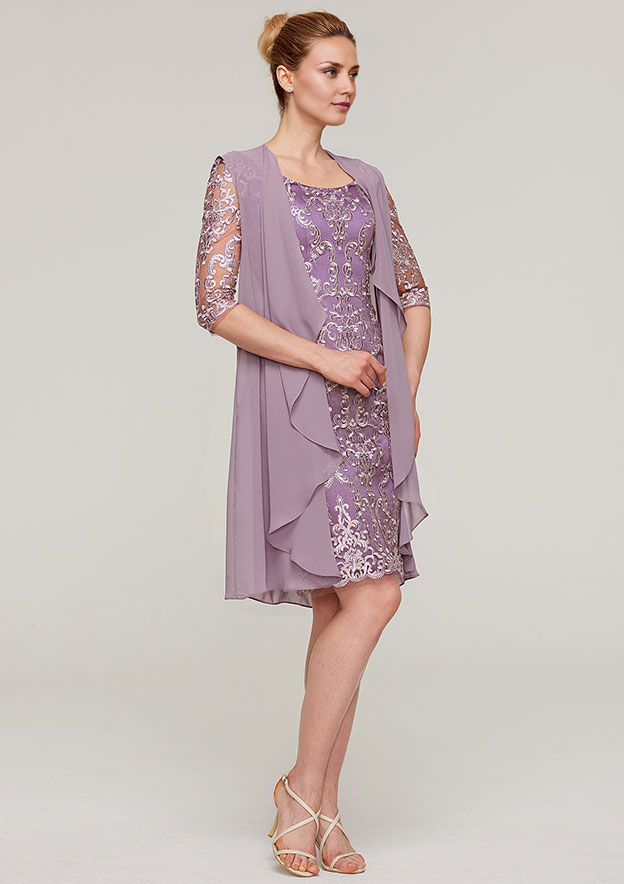 Vintage Wedding Guest Dresses Purple Sheath/Column Boat Neck Half Sleeve Lace Applique With Jacket Two-Piece Knee-Length Bargain Mother of the Bride Dress