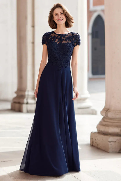 Elegant Navy A-Line Round Neck Cap Sleeve Chiffon with Appliques Retro Long Wedding Guest Dress For Women New Style Mother of the Bride Dress