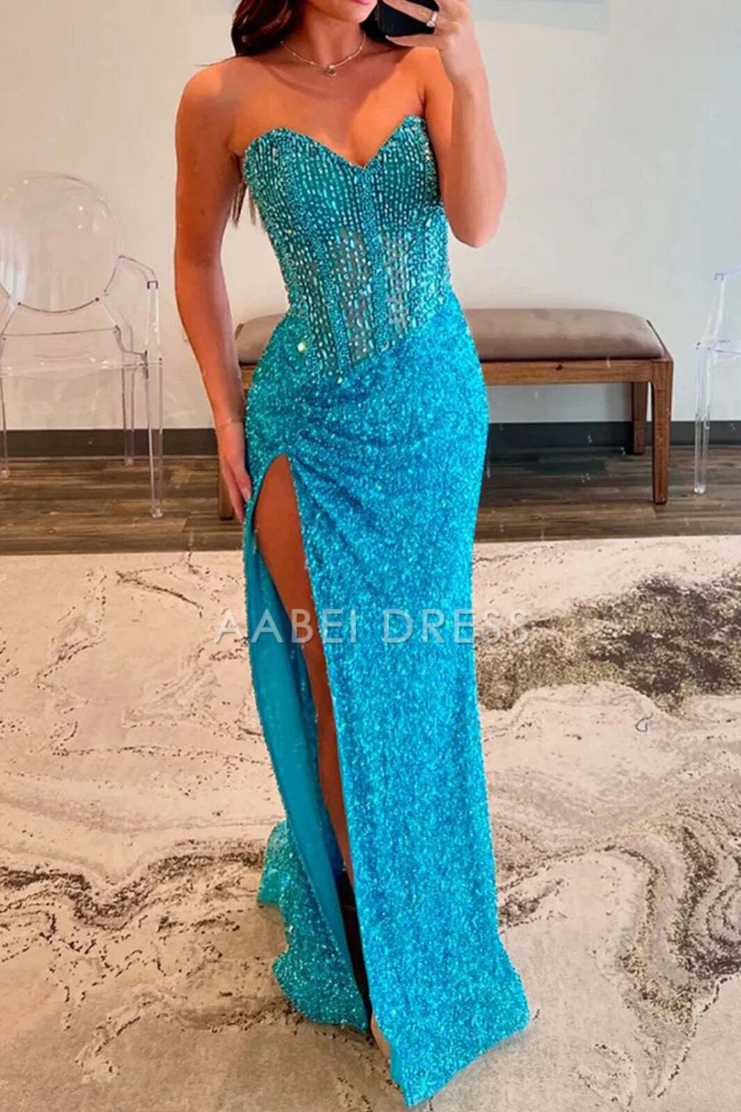 AABEI DRESS Prom Dress Sparkly Mermaid Sweetheart Side Fork Long With Beading Gorgeous Formal Dress