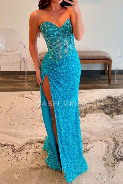 AABEI DRESS Prom Dress Sparkly Mermaid Sweetheart Side Fork Long With Beading Gorgeous Formal Dress