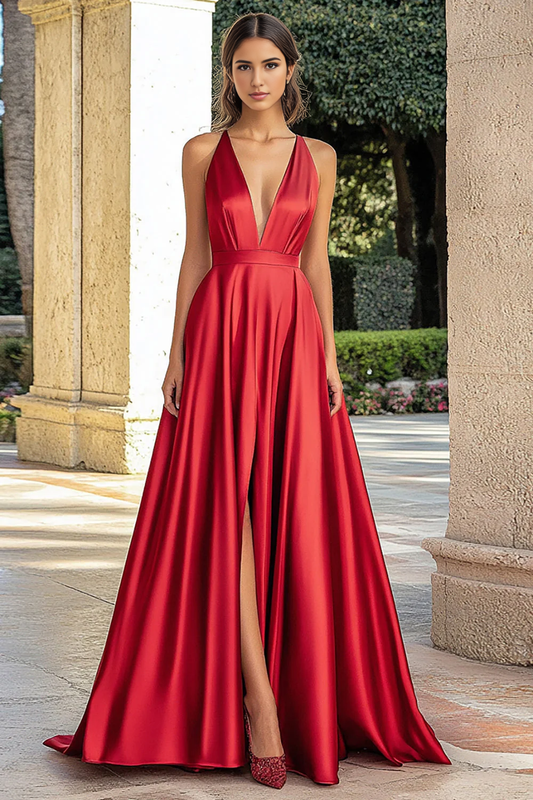 AABEI DRESS Hot Sale Prom Dress Elegant Simple A Line Deep V-Neck Satin Long With Slit Formal Dress