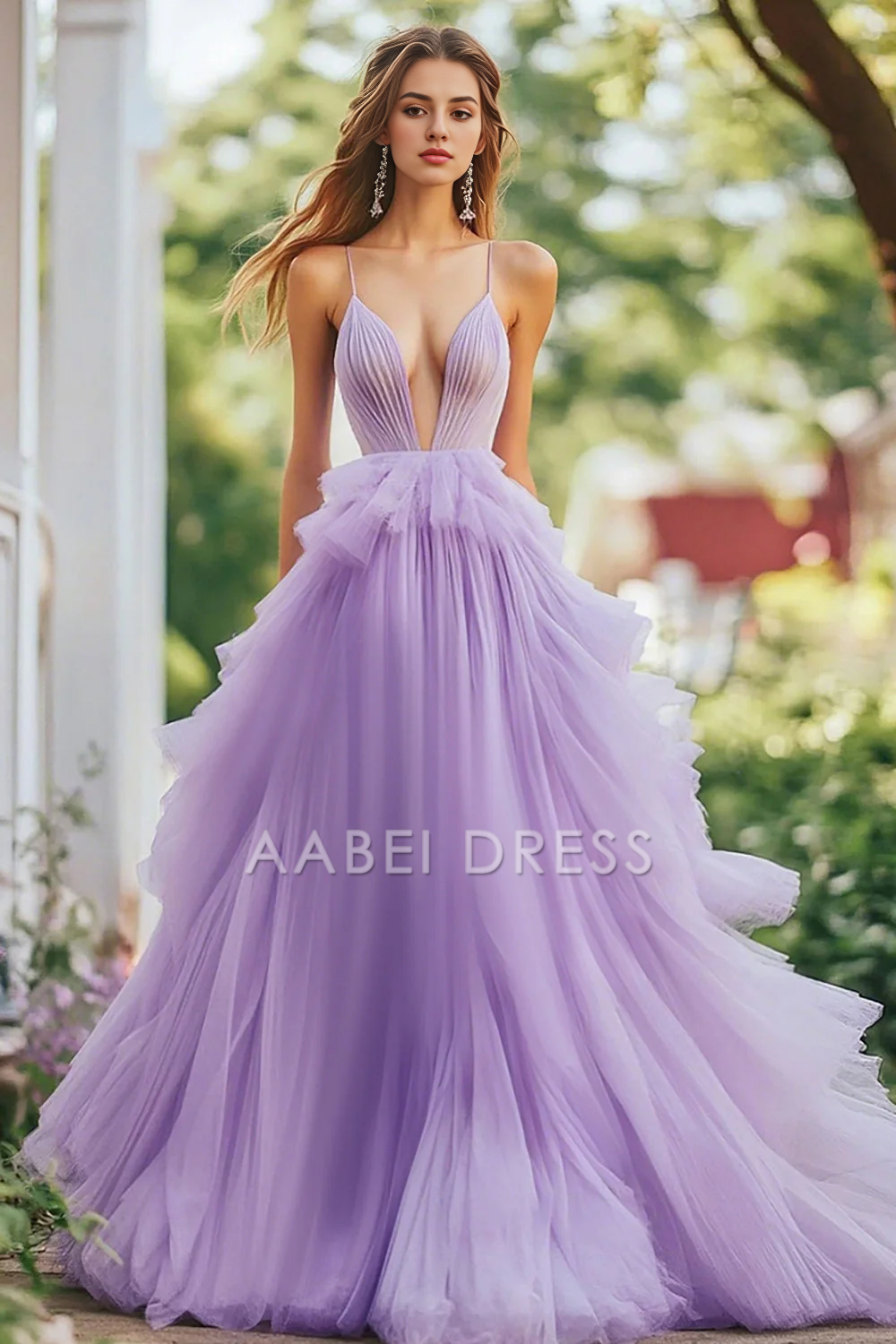 AABEI DRESS Hot Sale Prom Dress Fantastic A Line Deep V Neck Tulle Ruffled Spaghetti Straps Long Formal Dress