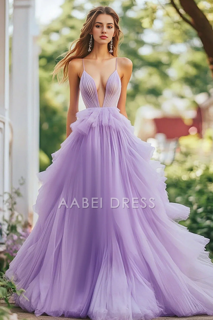 AABEI DRESS Hot Sale Prom Dress Fantastic A Line Deep V Neck Tulle Ruffled Spaghetti Straps Long Formal Dress