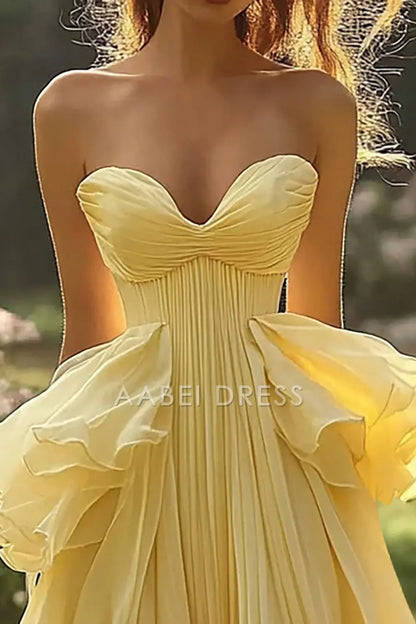 AABEI DRESS Hot Sale Prom Dress A Line Off Shoulder Sweetheart Chiffon Long Ruffles Fantastic Formal Dress