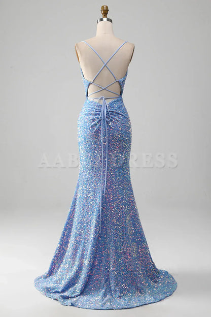 Prom Dress Mermaid Cultivate oneself Spaghetti Strap Side Fork Backless Sparkly Sequins Long Charming Formal Wear Dresses