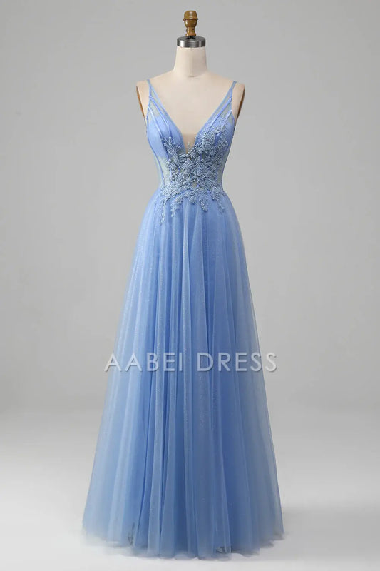 AABEI DRESS Hot Sale Prom Dress Exquisite A-Line V Neck Sleeveless Backless Tulle Appliques Long Party Dress