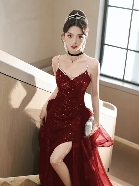 Sparkly A-line V-neck Spaghetti Strap Open Back Slit Long Prom Gown