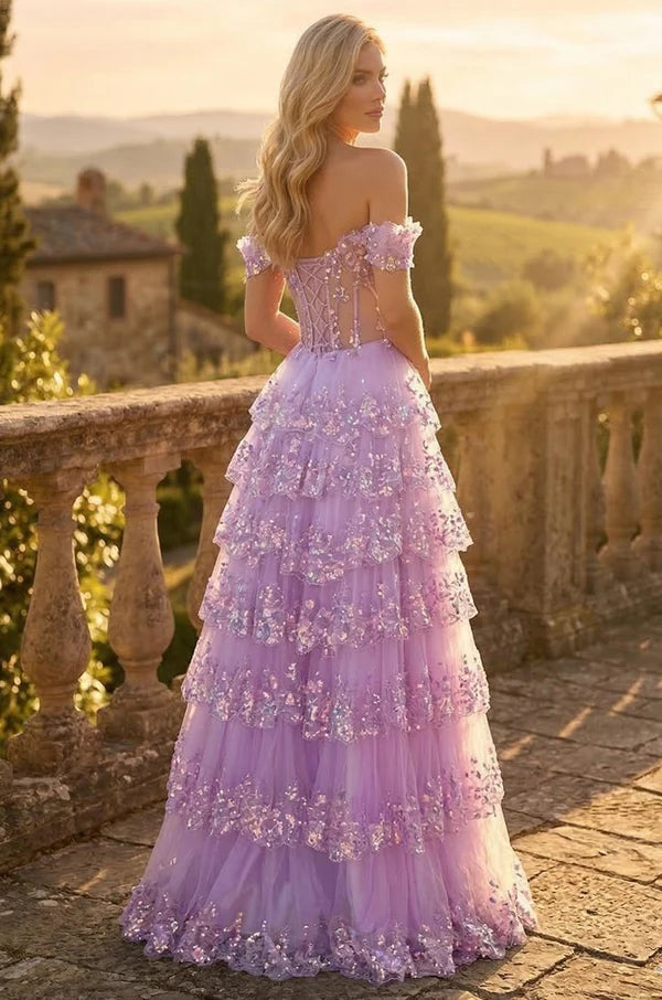 Lavender Off Shoulder Corset Tiered Sequin Tulle Gown
