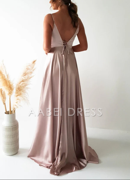 AABEI DRESS Prom Dress Deep V Neck Figure Slimming Slip Dress Neckline Low Back Lace-up Straps Side Fork Dress