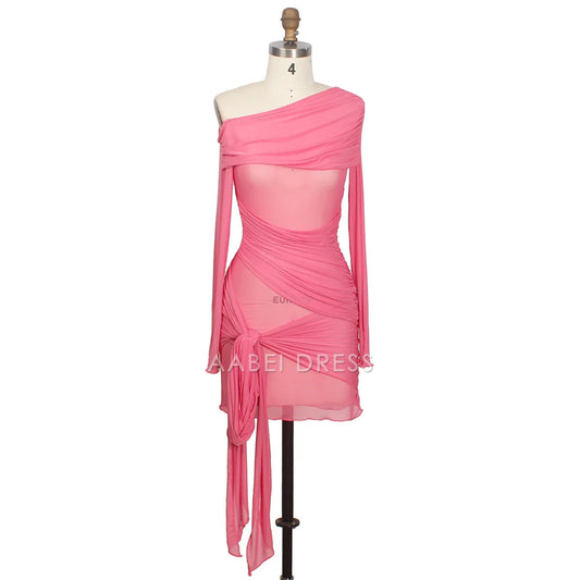 AABEI DRESS New Homecoming Dress Sexy Ruched Fashion Skew Collar Long Sleeve Party Desses