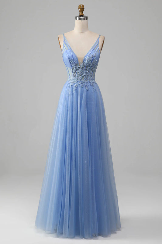 AABEI DRESS Hot Sale Prom Dress Exquisite A-Line V Neck Sleeveless Backless Tulle Appliques Long Party Dress