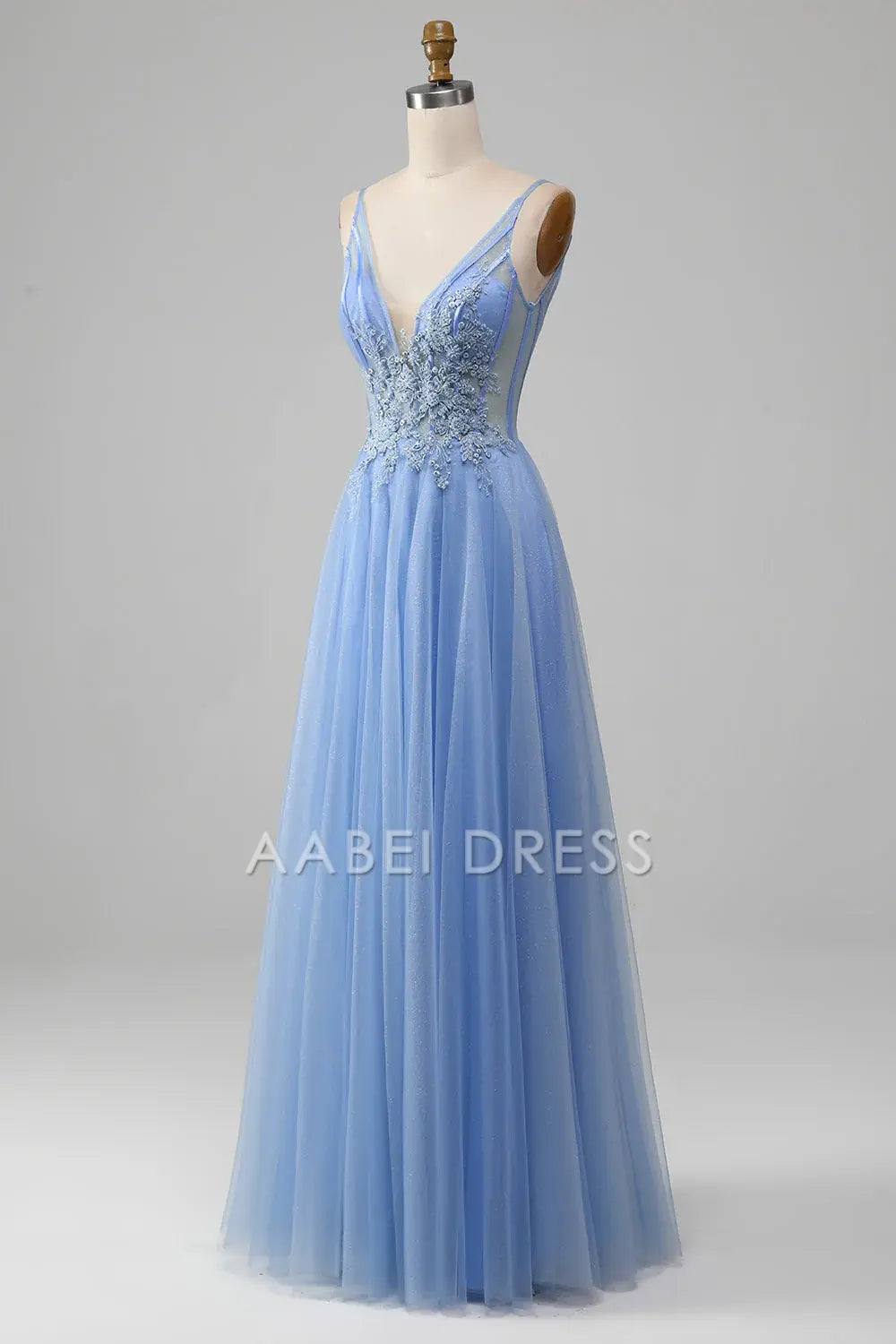 AABEI DRESS Hot Sale Prom Dress Exquisite A-Line V Neck Sleeveless Backless Tulle Appliques Long Party Dress