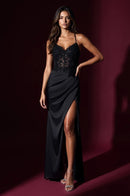 Black Spaghetti Strap Lace Satin Slit Mermaid Gown