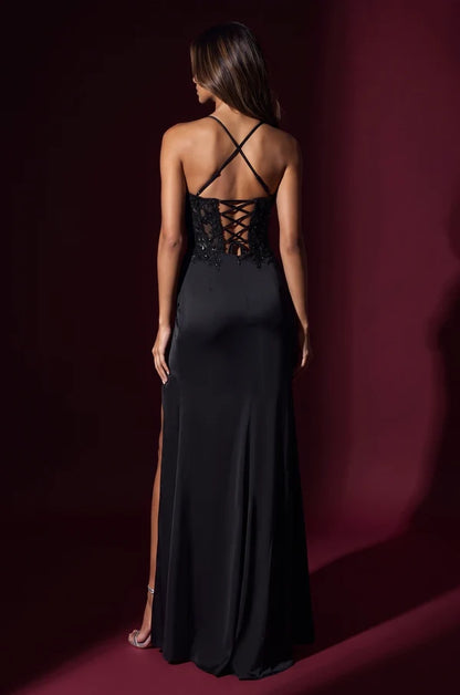Black Spaghetti Strap Lace Satin Slit Mermaid Gown