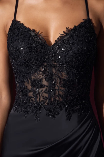 Black Spaghetti Strap Lace Satin Slit Mermaid Gown