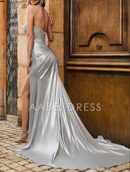 AABEI DRESS Sheath Sweetheart Strapless Pleated Corset Backless Side Fork Sweep Train Elegant Evening Dress