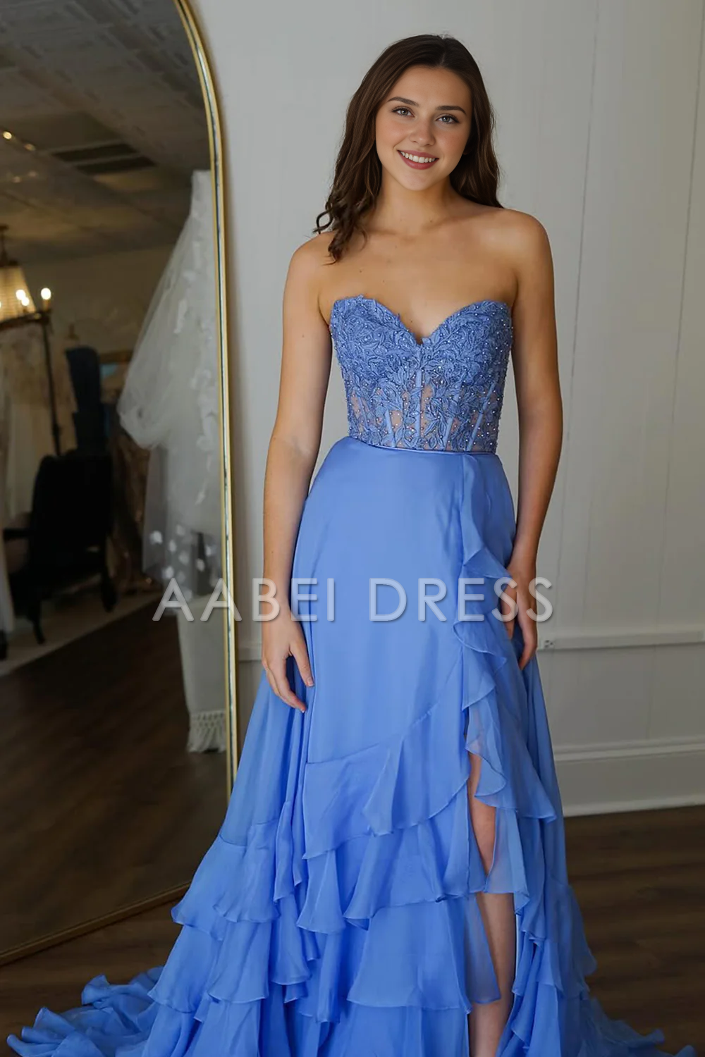AABEI DRESS Prom Dress Lovely A-Line Sweetheart Lace Top Chiffon With Ruffle Elegant Formal Dress