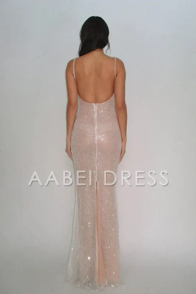 AABEI DRESS Prom Dress Charming Bling Sheath Spaghetti Straps Sequins Backless Long Formal Dress